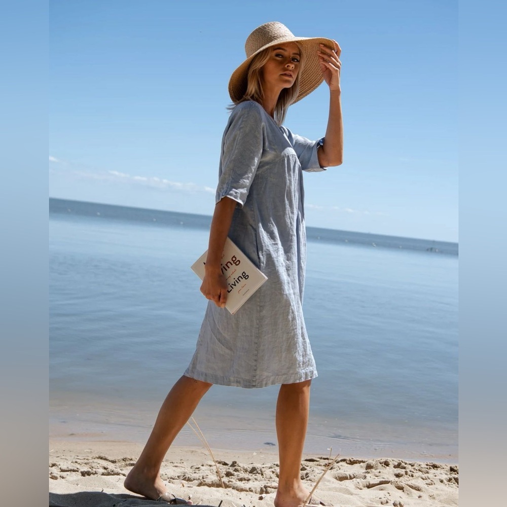 Sauths blue linen Kyoto shift dress, BNWT, size M